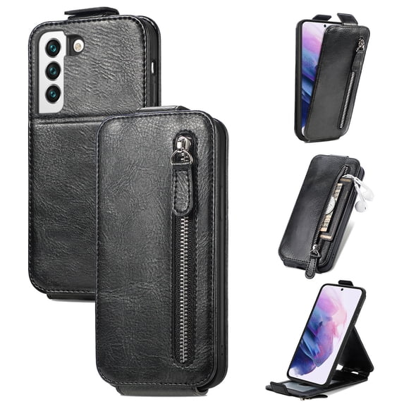 SaniMore for Samsung Galaxy S21 Magnetic Closure Top & Bottom Flip Wallet Case, Premium PU Leather Cover with Car Mount Card Slot & Adjustable Kickstand Full Body Protective Shell, Black