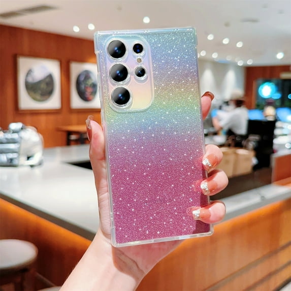 SaniMore for Samsung Galaxy S21 Ultra Case, Glitter Gradient Full Camera Lens Protection Luxury Plating Cute Bling Clear Shockproof Slim Phone Cover Shockproof Bumper for Women Girls, Pink