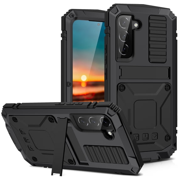 SaniMore for Samsung Galaxy S22 6.1" 2022 Tri-layer Case with Wireless Charging Tempered Glass Screen Protector Hidden Bracket Drop Resistant Heavy Duty Protective Case for Galaxy S22 6.1", Black