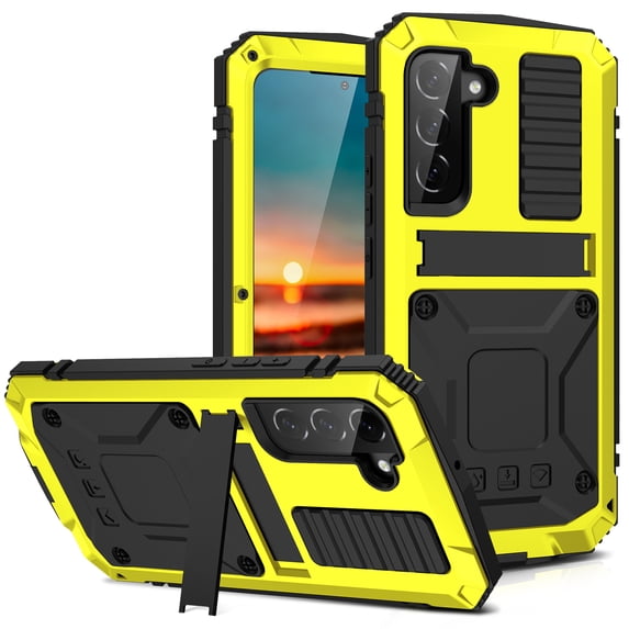 SaniMore for Samsung Galaxy S22 6.1" 2022 Tri-layer Case with Wireless Charging Tempered Glass Screen Protector Hidden Bracket Drop Resistant Heavy Duty Protective Case for Galaxy S22 6.1", Yellow