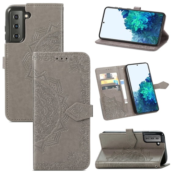 SaniMore for Samsung Galaxy S22 6.1" 2022 Wallet Case with Embossed Mandala PU Leather Flip Protection Wrist Strap Credit Card Holder Pocket Kickstand Shockproof Case for Galaxy S22 6.1" 2022, Gray