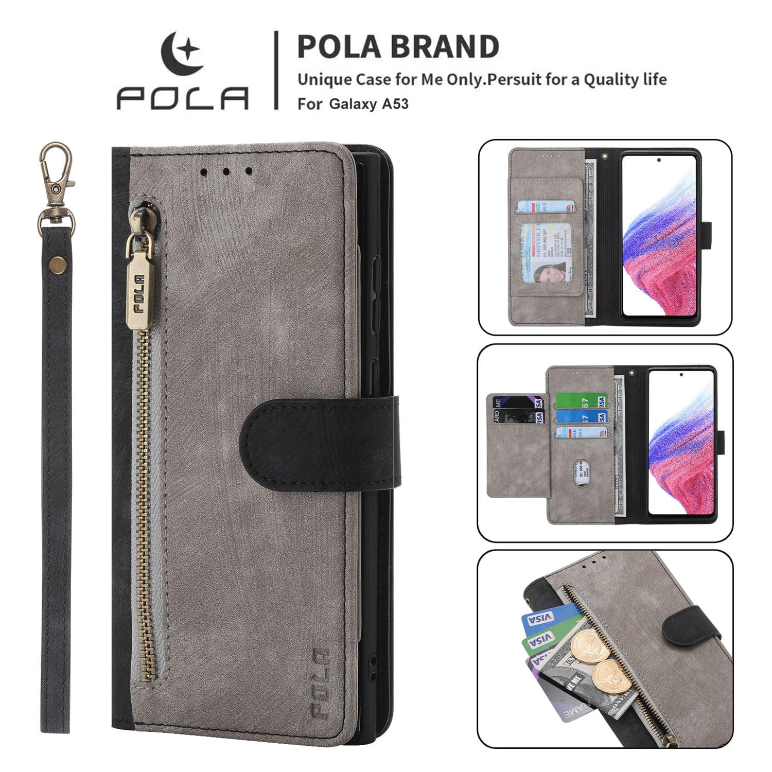 SaniMore for Samsung Galaxy S22 6.1" 2022 Wallet Case, [Removeable Wrist Strap][Zipper Cash Pocket + Card Slots] Flip Kickstand Full Protective Magnetic Closure Retro Cover For Galaxy S22, Black