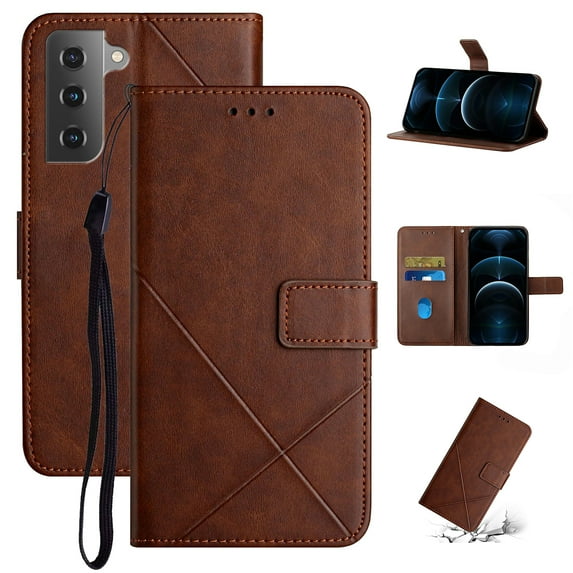 SaniMore for Samsung Galaxy S22 (6.1" 2022) Wallet Case with Wrist Strap Magnetic Clasp, Card Slots PU Leather Skin Shockproof TPU Inner Anti-drop Flip Stand Business Shell Wear-resistant - Darkbrown