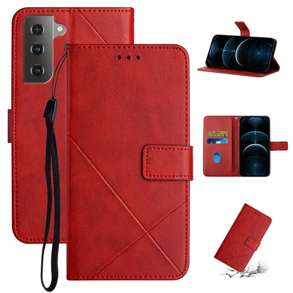 SaniMore for Samsung Galaxy S22 (6.6" 2022) Wallet Case with Wrist Strap Magnetic Clasp, Card Slots PU Leather Skin Shockproof TPU Inner Anti-drop Flip Stand Business Shell Wear-resistant - Red