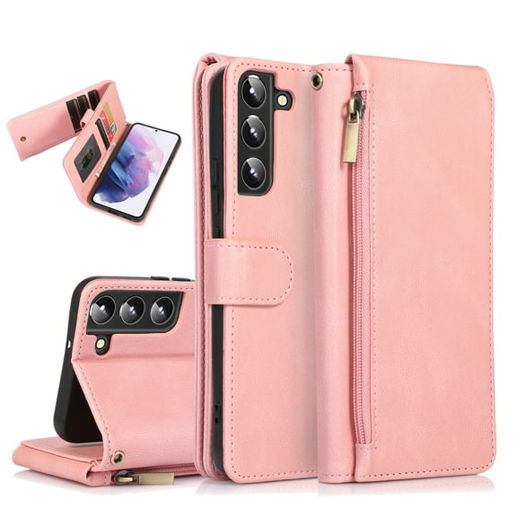 SaniMore Samsung Galaxy S22 Case (6.1" 2022) with Zipper Wallet & Wrist Strap & Magnetic Closure Card Slots Kickstand Slim Full-around Protective Business Cover for Samsung Galaxy S22, Rosegold