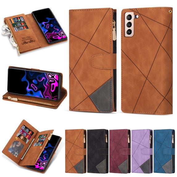SaniMore for Samsung Galaxy S22 Case with Card Slot, Line Stitching Metal Button Zipper Wallet PU Leather Cover with Folio Flip Kickstand + Hand Strap Shockproof Protective Shell, Brown