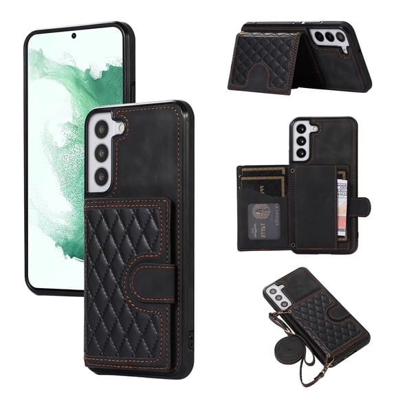 SaniMore for Samsung Galaxy S22 Case, Magnetic Wallet Case with Shoulder & Wrist Strap for Women/Girls, PU Leather Card Holder Flip Kickstand Cover for Samsung Galaxy S22 5G, Black