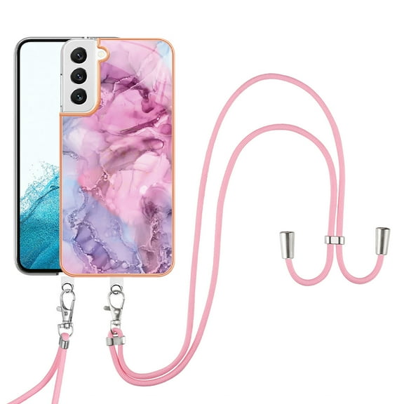 SaniMore for Samsung Galaxy S22 Case, Marble Pattern 3 in 1 Heavy Duty Shockproof Full Body Hard PC IMD Bumper Crossbody Lanyard Women Girls Shockproof Cover for Samsung Galaxy S22, Pink