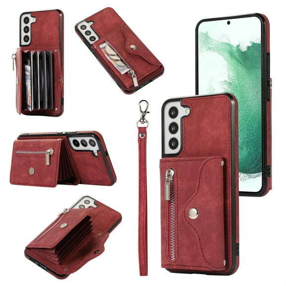 SaniMore for Samsung Galaxy S22 Case, Samsung Galaxy S22 Wallet Case for Women Men, PU Leather RFID Blocking Wristlet Zipper Shoulder Strap Cover with Card Holder Kickstand, Red