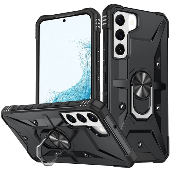 SaniMore for Samsung Galaxy S22 Multi-Functional Case, Rugged PC Magnetic Cover Built-in Car Mount & 360° Rotatable Metal Ring Kickstand Military Grade Shockproof Protective Shell, Black