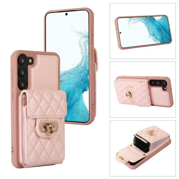 SaniMore for Samsung Galaxy S22 PU Leather Case, Multi-Functional Metal Snap Wallet Cover with Card Slot & Kickstand Shoulder Strap Full Body Protective Shell for Samsung S22, Pink