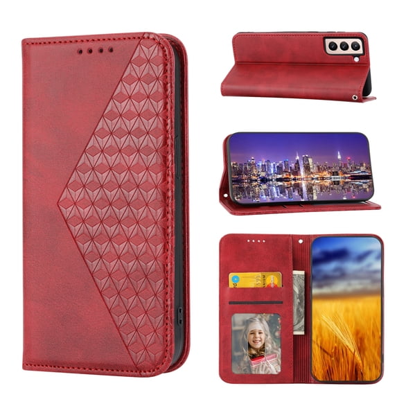 SaniMore for Samsung Galaxy S22 PU Leather Case RFID Blocking, Magnetic Closure Flip Wallet Cover with Wrist Strap Card Slot & Multi-Angle Kickstand All-Inclusive Protective Shell, Red