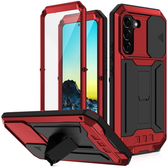 SaniMore for Samsung Galaxy S22 Plus 5G 2022 Rugged case with Screen Protector, Stand Camera Slide Cover for Samsung S22 Plus Metal Military Sturdy Armour Shockproof Cover for Man Outdoor, Red