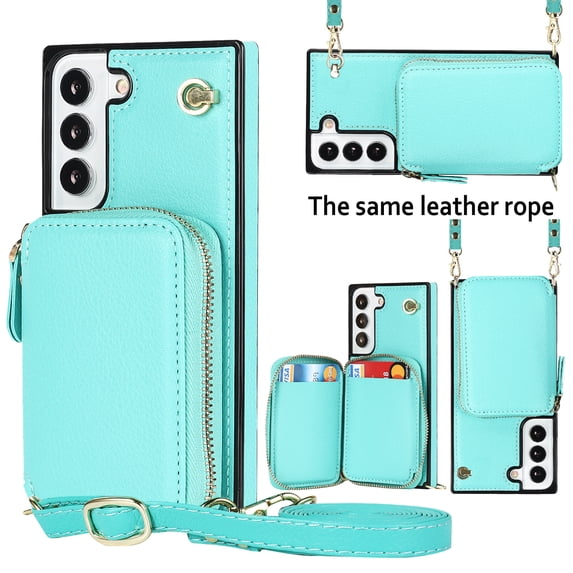 SaniMore for Samsung Galaxy S22 Plus 6.6" 2022 Case with Back Zipper Wallet Flip Kicktsand Crossbody Shoulder Strap Retro PU Leather Wear-resistant Shockproof Anti-drop Cover for Girls Women, Green