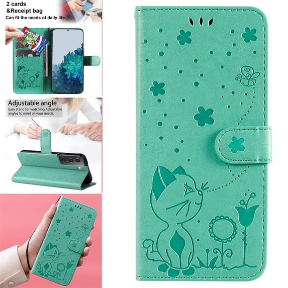 SaniMore for Samsung Galaxy S22 Plus 6.6" 2022 Case, PU Leather Skin with Embossed Cat Flip Magnetic Cover Card Slots Kickstand Detachable Lanyard Full Around Wallet Case for Galaxy S22 Plus, Green