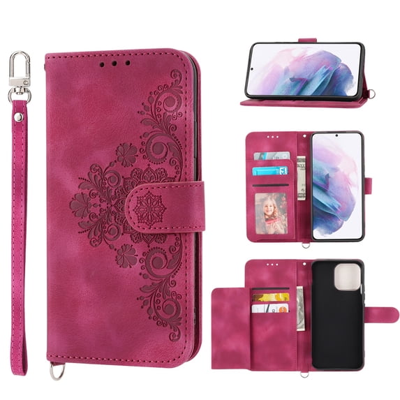 SaniMore for Samsung Galaxy S22 Plus 6.6" Magnetic Flip Wallet Case with Cross Body Strap, PU Leather Case with Card Slot & Multi-Angle Kickstand Shockproof Protective Case for Girls Ladies, Winered