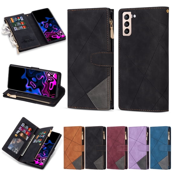 SaniMore for Samsung Galaxy S22 Plus Case with Card Slot, Line Stitching Metal Button Zipper Wallet PU Leather Cover with Folio Flip Kickstand + Hand Strap Shockproof Protective Shell, Black