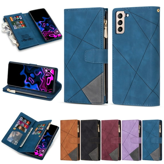 SaniMore for Samsung Galaxy S22 Plus Case with Card Slot, Line Stitching Metal Button Zipper Wallet PU Leather Cover with Folio Flip Kickstand + Hand Strap Shockproof Protective Shell, Blue