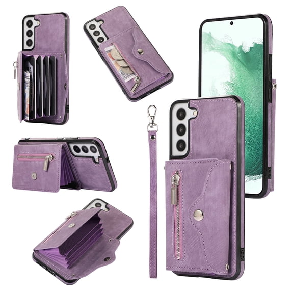 SaniMore for Samsung Galaxy S22 Plus Case, Samsung Galaxy S22 Plus Wallet Case for Women Men, PU Leather RFID Blocking Wristlet Zipper Shoulder Strap Cover with Card Holder Kickstand, Purple