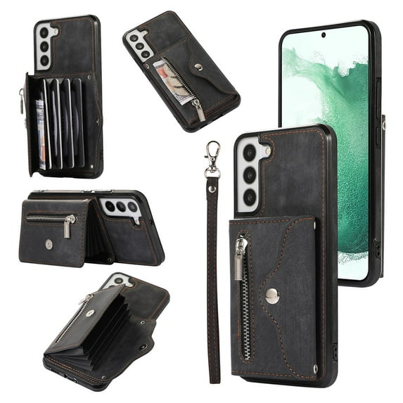 SaniMore for Samsung Galaxy S22 Plus Case, Samsung Galaxy S22 Plus Wallet Case for Women Men, PU Leather RFID Blocking Wristlet Zipper Shoulder Strap Cover with Card Holder Kickstand, Black