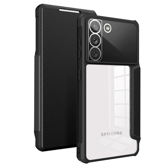 SaniMore for Samsung Galaxy S22 Plus Case Transparent PC & Soft TPU Built-in Electroplated Lens Ring, Magnetic Flip Cover with Card Slot & Kickstand Shockproof Protective Shell, Black