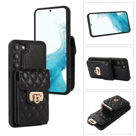 SaniMore for Samsung Galaxy S22 Plus PU Leather Case, Multi-Functional Metal Snap Wallet Cover with Card Slot & Kickstand Shoulder Strap Full Body Protective Shell for Samsung S22 Plus, Black