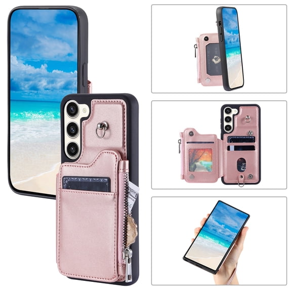 SaniMore for Samsung Galaxy S22 Plus PU Leather Case, Zipper Purse RFID Blocking 4 Card Slots Removeable Wrist Strap Protective Handbag Flip Cover Stylish Shockproof for Girls Women, Rosegold