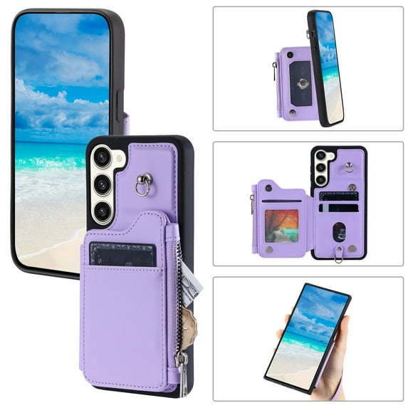 SaniMore for Samsung Galaxy S22 Plus PU Leather Case, Zipper Purse RFID Blocking 4 Card Slots Removeable Wrist Strap Protective Handbag Flip Cover Stylish Shockproof for Girls Women, Purple