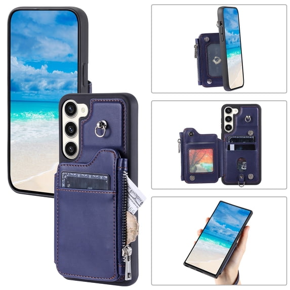 SaniMore for Samsung Galaxy S22 Plus PU Leather Case, Zipper Purse RFID Blocking 4 Card Slots Removeable Wrist Strap Protective Handbag Flip Cover Stylish Shockproof for Girls Women, Blue