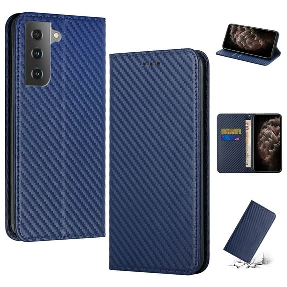 SaniMore for Samsung Galaxy S22 Plus Wallet Case, Wrist Strap Magnetic Clasp, Card Slots Carbon Fibre Skin Shockproof TPU Anti-drop Anti-scractch Stand Business Full Body Protective Shell, Blue