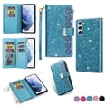 thumbnail image 1 of SaniMore for Samsung Galaxy S22 Star Laser Engraving Case, Magnetic Flip Zipper Wallet Cover Support Wrist Strap Card Slot & Kickstand Shockproof Protective Shell for Girls Ladies, Skyblue, 1 of 7