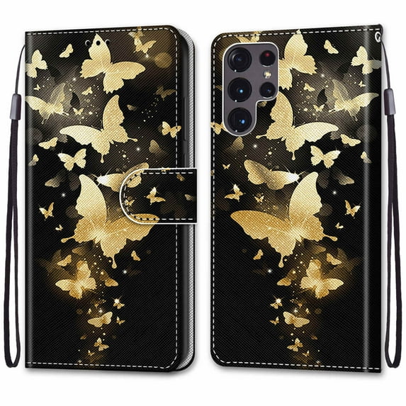 SaniMore for Samsung Galaxy S22 Ulltra 6.8" 2022 PU Leather Case with Card Slots Detchable Lanyard Color Painting Luxury Pattern Flip Kickstand Shcokproof Wallet Case For S22 Ultra,Gold Butterflies