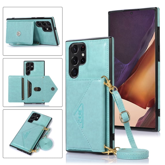SaniMore for Samsung Galaxy S22 Ultra 6.8" 2022 Case with Back Folding Card Pocket Kickstand Detachable Adjustable Crossbody Shoulder Strap PU Leather Shockproof Slim Wallet Case, Mint