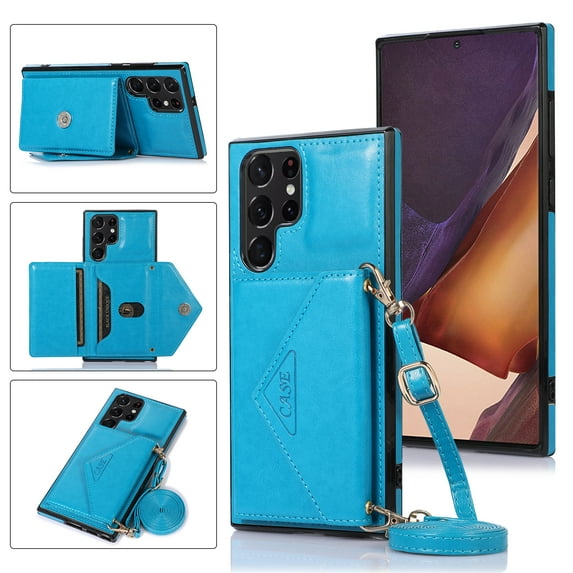 SaniMore for Samsung Galaxy S22 Ultra 6.8" 2022 Case with Back Folding Card Pocket Kickstand Detachable Adjustable Crossbody Shoulder Strap PU Leather Shockproof Slim Wallet Case, Blue
