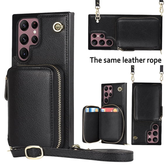 SaniMore for Samsung Galaxy S22 Ultra 6.8" 2022 Case with Back Zipper Wallet Flip Kicktsand Crossbody Shoulder Strap Retro PU Leather Wear-resistant Shockproof Anti-drop Cover for Girls Women, Black