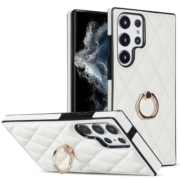 SaniMore for Samsung Galaxy S22 Ultra 6.8" 2022 Case, PU Leather Case with Luxury Fashion Lattice for Girls Women 360°Rotating Metal Ring/Kickstand Shockproof Durable Case For S22 Ultra, White