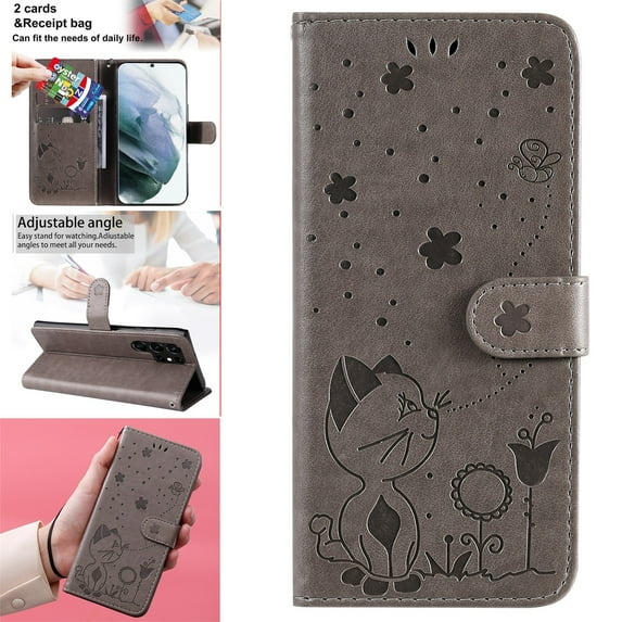 SaniMore for Samsung Galaxy S22 Ultra 6.8" 2022 Case, PU Leather Skin with Embossed Cat Flip Magnetic Cover Card Slots Kickstand Detachable Lanyard Full Around Wallet Case for S22 Ultra, Gray