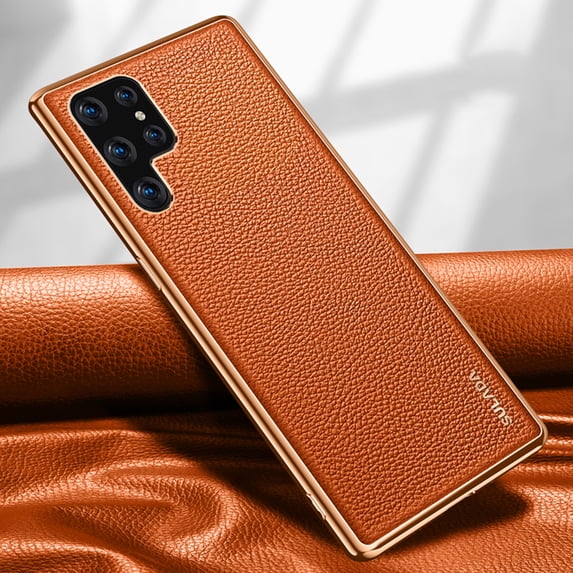 SaniMore for Samsung Galaxy S22 Ultra (6.8" 2022) Case, PU Leather Skin & Metal Bumper Shockproof PC Backplane, Wireless Charging Slim Magnetic Vintage Shell, Anti-drop Anti-scratch Cover, Orange