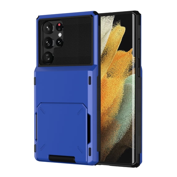 SaniMore for Samsung Galaxy S22 Ultra 6.8" 2022 Case, Shockproof Drop Resisatnt Flip Card Slots Wallet Bracket Rugged PC Back + Soft TPU Bumper Anti-scratch Heavy Duty Protective Slim Case, Blue