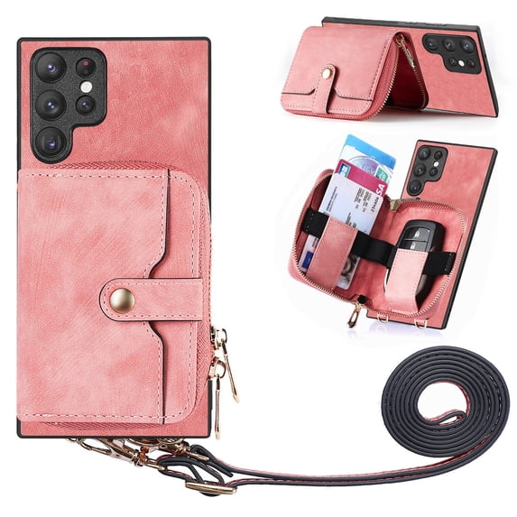 SaniMore for Samsung Galaxy S22 Ultra (6.8" 2022) Case,Wear-resistant PU Leather Skin + Zipper Purse Card Slots Removeable Crossbody Lanyard Stand Shell Shockproof Anti-scratch Drop-resistant, Pink