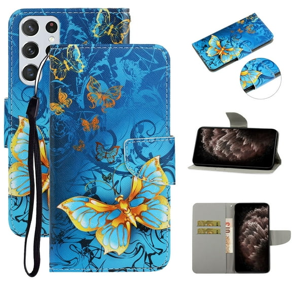 SaniMore for Samsung Galaxy S22 Ultra 6.8" 2022 Wallet Case, Color Painting Pattern with Kickstand Card Slots Detachable Wrist Strap Grils Women PU Leather Case Magnetic Clasp, Gold Butterfly