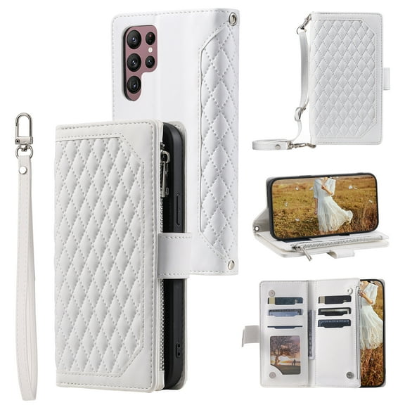 SaniMore for Samsung Galaxy S22 Ultra (6.8" 2022) Wallet Case, Wrist/Crossbody Lanyard, 3D Lattice PU Leather Kickstand Zipper Purse Card Slots Magnetic Clasp Shockproof TPU Shell Anti-drop, White