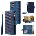 thumbnail image 1 of SaniMore for Samsung Galaxy S22 Ultra (6.8" 2022) Wallet Case, Wrist/Crossbody Lanyard, 3D Lattice PU Leather Kickstand Zipper Purse Card Slots Magnetic Clasp Shockproof TPU Shell Anti-drop, Blue, 1 of 11