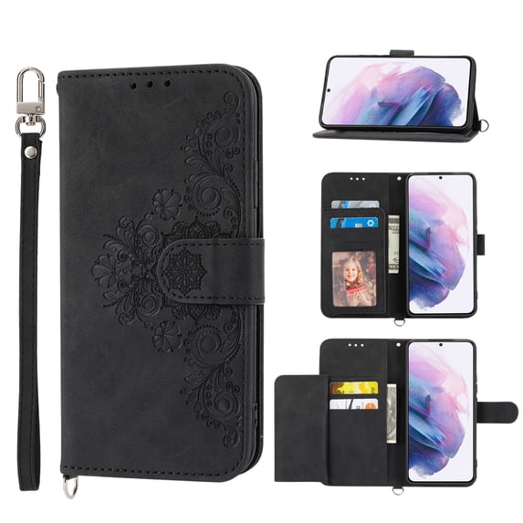 SaniMore for Samsung Galaxy S22 Ultra 6.8" Magnetic Flip Wallet Case with Cross Body Strap, PU Leather Case with Card Slot & Multi-Angle Kickstand Shockproof Protective Case for Girls Ladies, Black