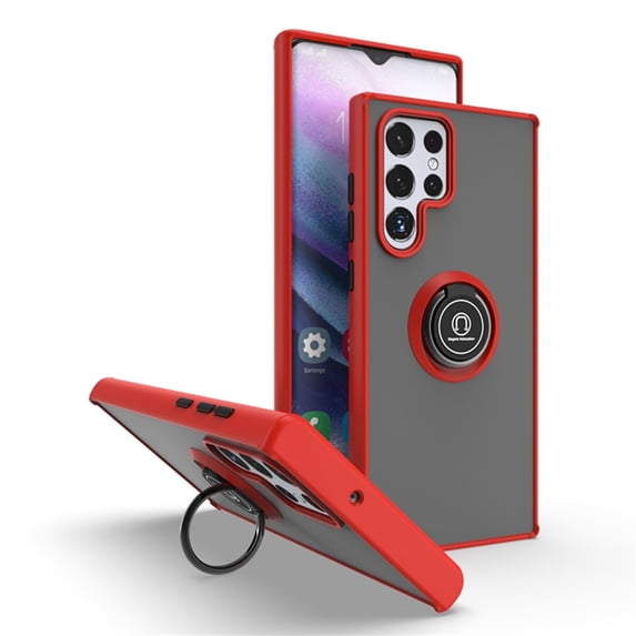 SaniMore for Samsung Galaxy S22 Ultra 6.8" Multi-Functional Magnetic Case, Translucent Matte Back Case with Car Mount & 360° Rotatable Ring Kickstand Shockproof Protective Cover, Red & Black