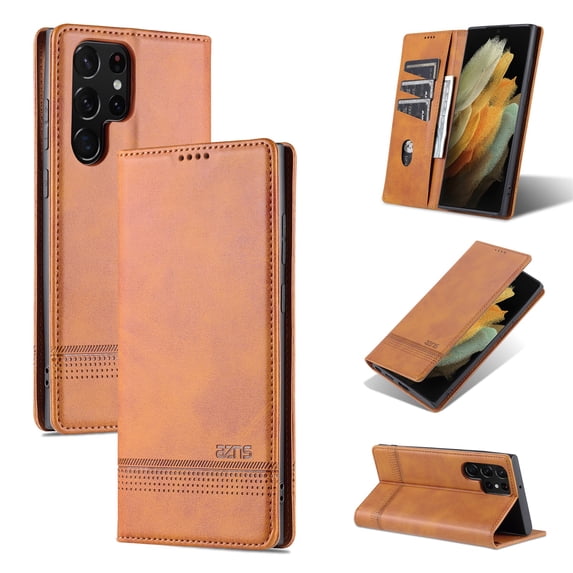 SaniMore for Samsung Galaxy S22 Ultra 6.8" PU Leather Case, Solid Color Magnetic Closure Flip Wallet Cover Built-in 3 Card Slots & Multi-Angle Kickstand Full Body Protective Shell, Yellow