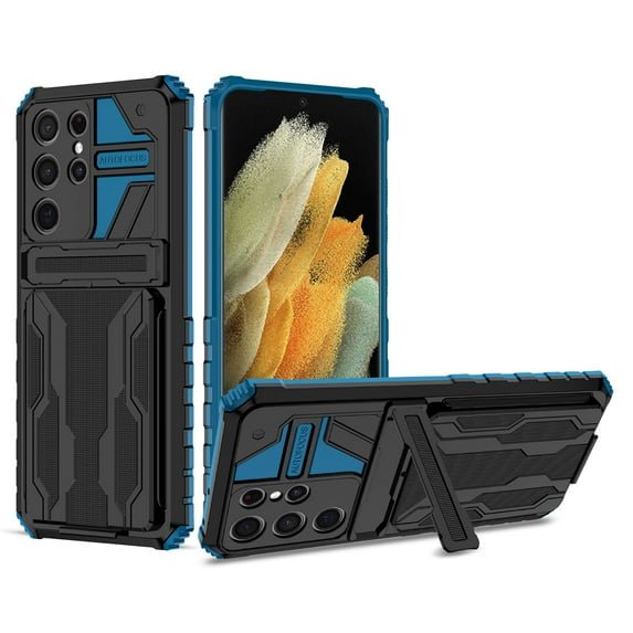 SaniMore for Samsung Galaxy S22 Ultra Camera Protection Case, Rugged PC Back & TPU Bumpers Cover with Invisible Sliding Card Slot & Kickstand Upgraded Military Shockproof Protective Shell, Blue