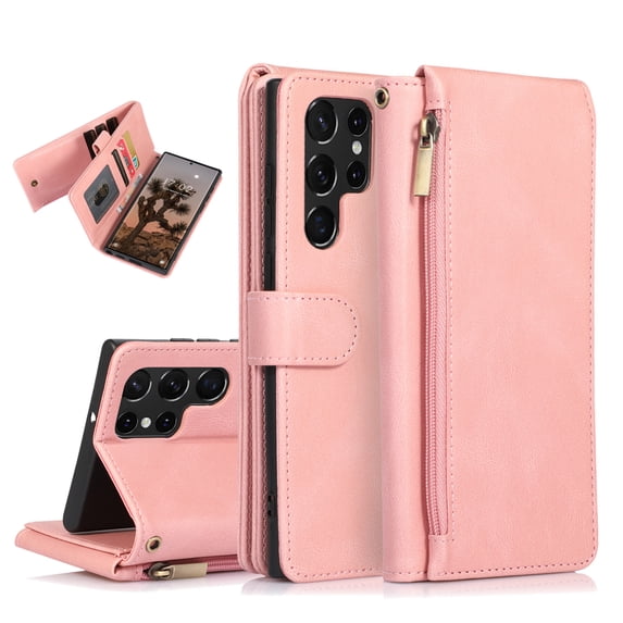 SaniMore Samsung Galaxy S22 Ultra Case (6.8" 2022) with Zipper Wallet & Wrist Strap & Magnetic Closure Card Slots Kickstand Slim Full-around Protective Business Cover for Galaxy S22 Ultra, Rosegold
