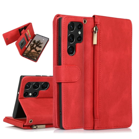 SaniMore Samsung Galaxy S22 Ultra Case (6.8" 2022) with Zipper Wallet & Wrist Strap & Magnetic Closure Card Slots Kickstand Slim Full-around Protective Business Cover for Galaxy S22 Ultra, Red