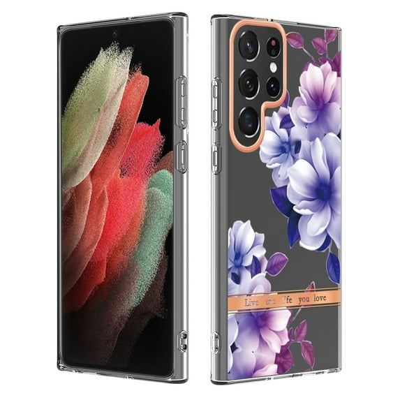 SaniMore for Samsung Galaxy S22 Ultra Case, Flexible TPU Magnetic Cover Support Wireless Charging Slim Flower Grass Pattern Shockproof Protective Shell for Ladies Women Girls, Purple Flowers